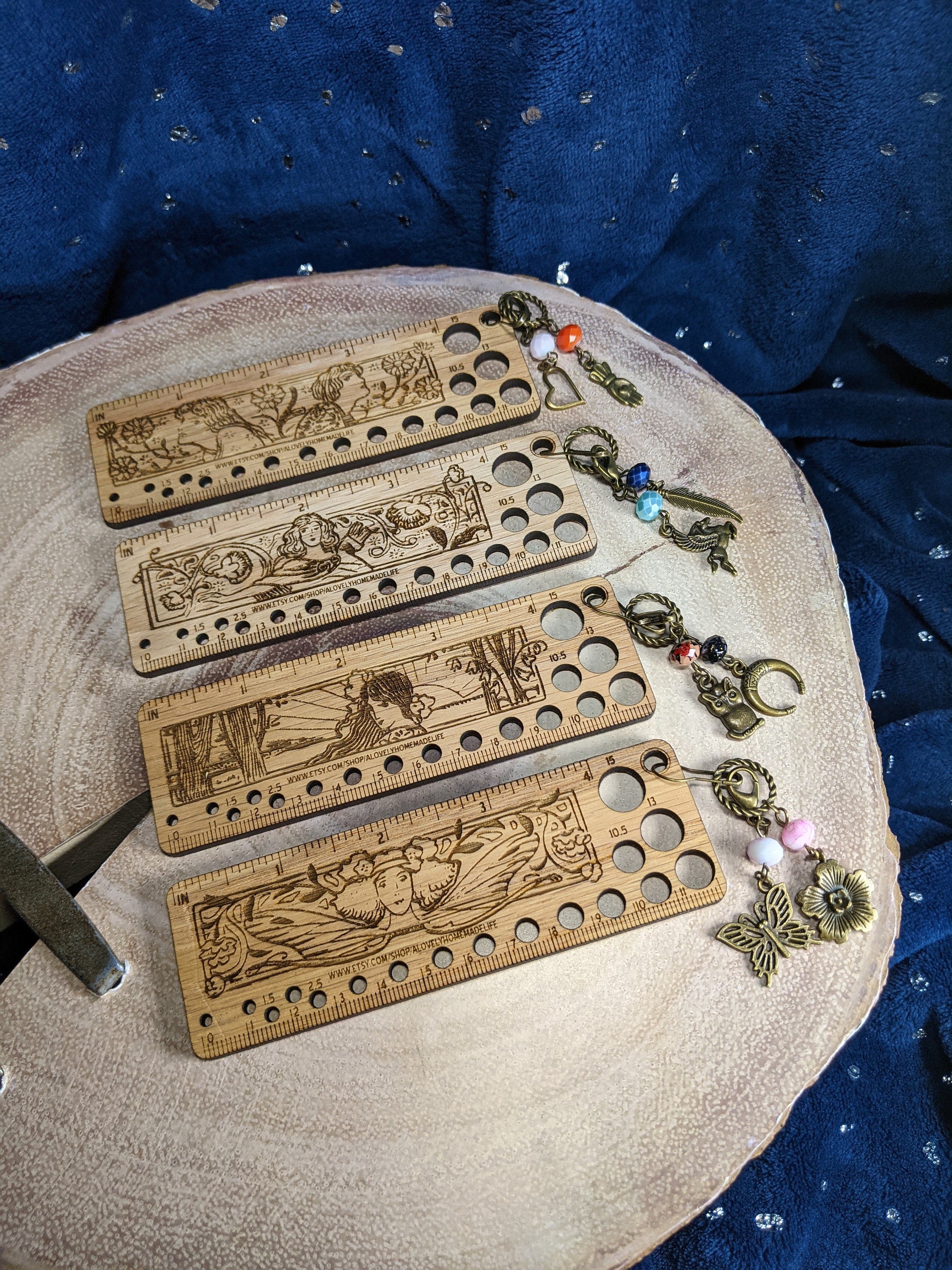 Art Deco Style Wooden Knitting Needle Gauge & Stitch Marker Combo - Several Styles to Choose From