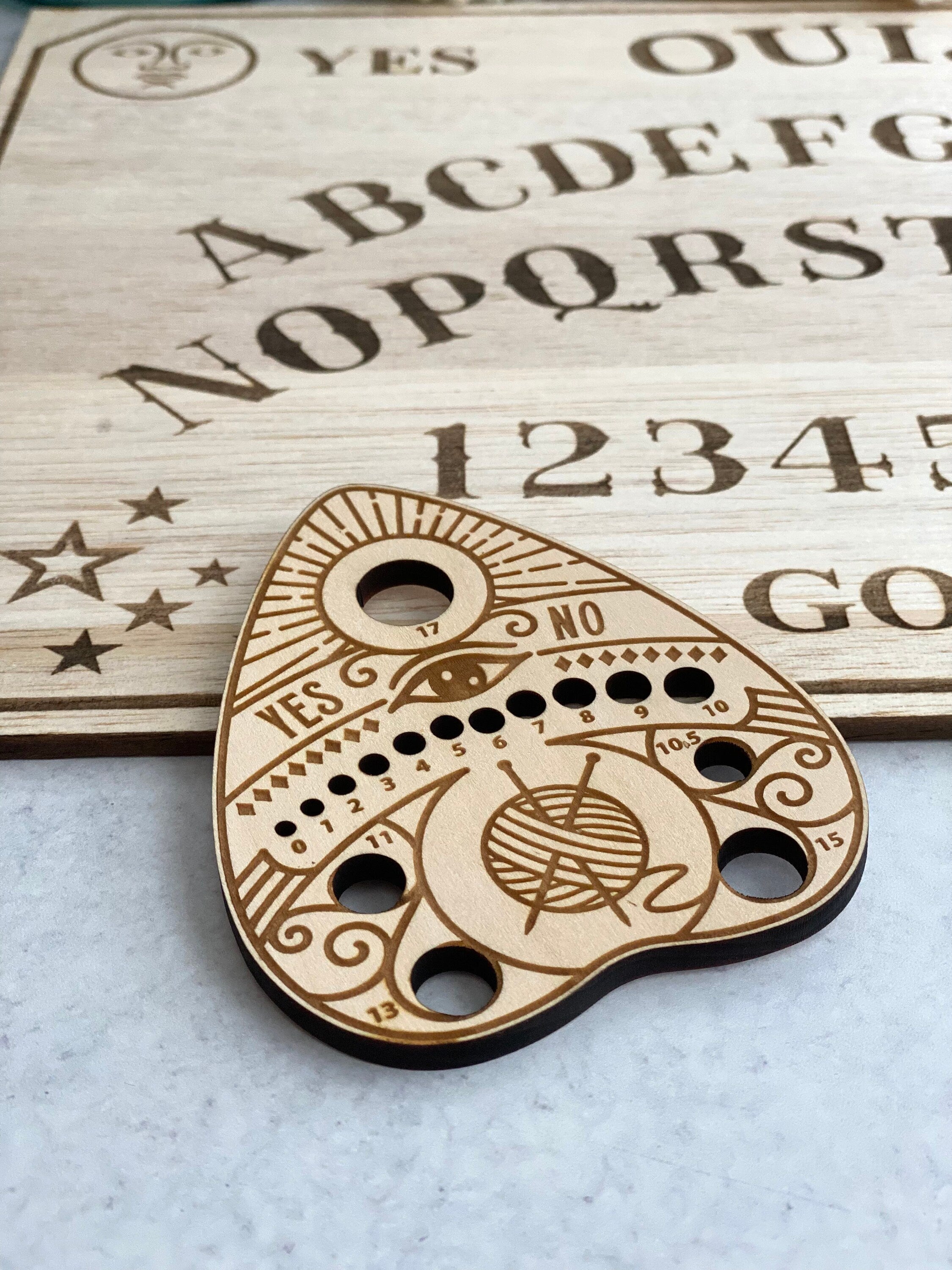 Planchette • Ouija Knitting Needle Gauge, Laser Cut Wood, Sizes 0 to 17