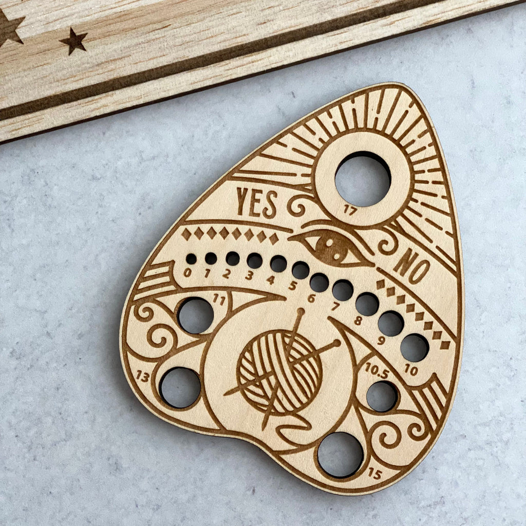 Planchette • Ouija Knitting Needle Gauge, Laser Cut Wood, Sizes 0 to 17