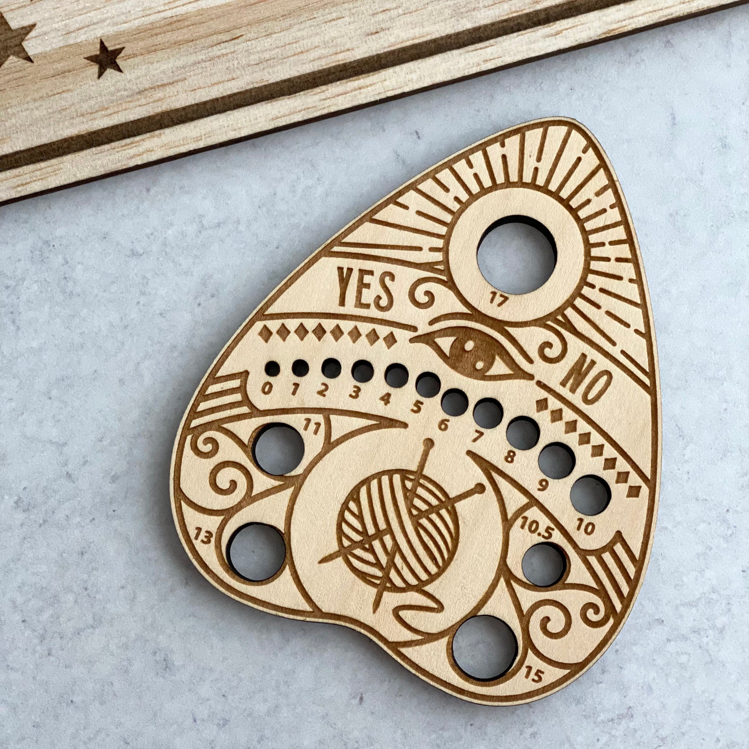 Planchette • Ouija Knitting Needle Gauge, Laser Cut Wood, Sizes 0 to 17