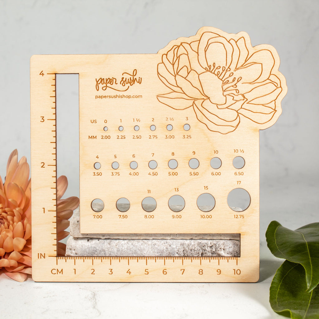 Peony Knitting Needle and Swatch Gauge - Wood Engraved Knitting Tools