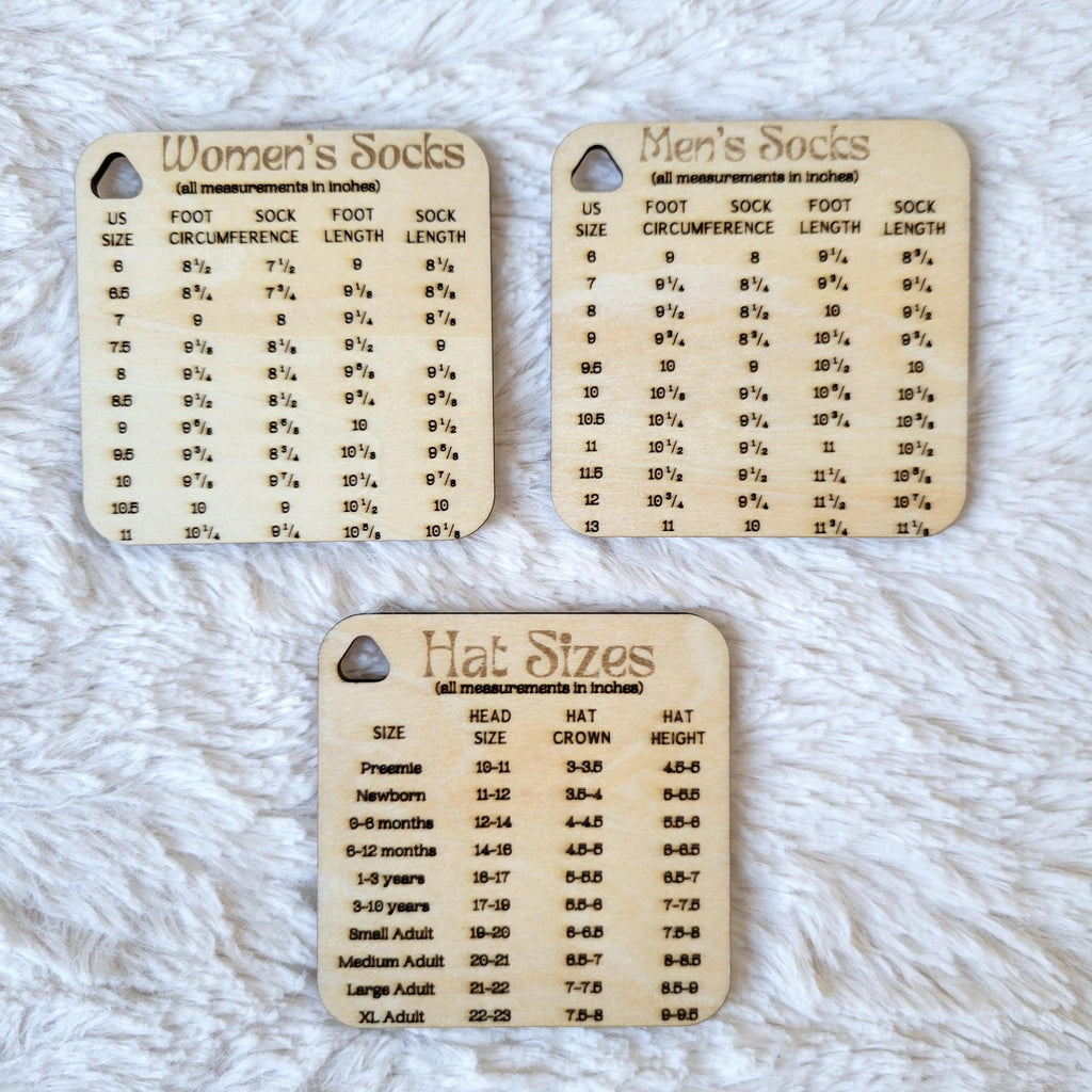 Keychain Knitting Tools for measuring gauge, measuring knitting needles, instructions for stitches, measuring yarn, and sizing help