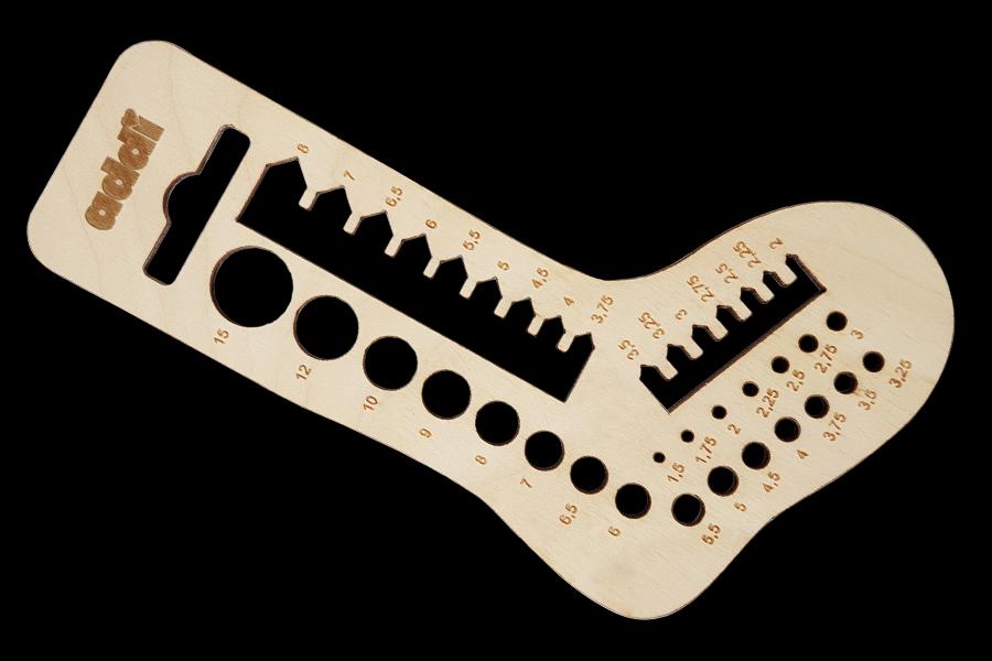 Addi Calibro Wooden Needle Gauge Set, allows accurate sizing for all Skacel by Addi (N America) knitting needles and crochet hooks.