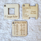 Keychain Knitting Tools for measuring gauge, measuring knitting needles, instructions for stitches, measuring yarn, and sizing help
