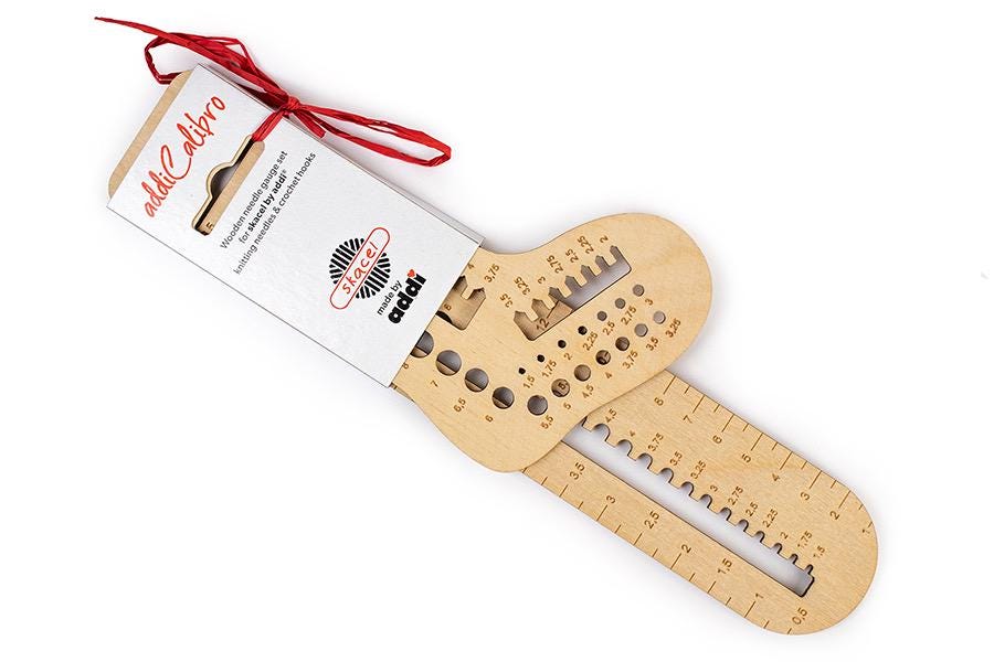 Addi Calibro Wooden Needle Gauge Set, allows accurate sizing for all Skacel by Addi (N America) knitting needles and crochet hooks.
