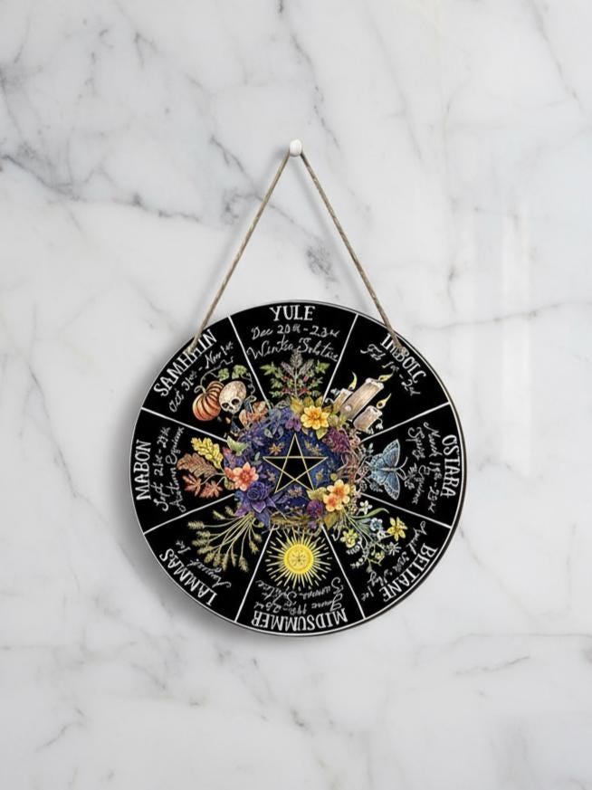 Pagan Wheel of the Year Wooden Sign with Pentagram